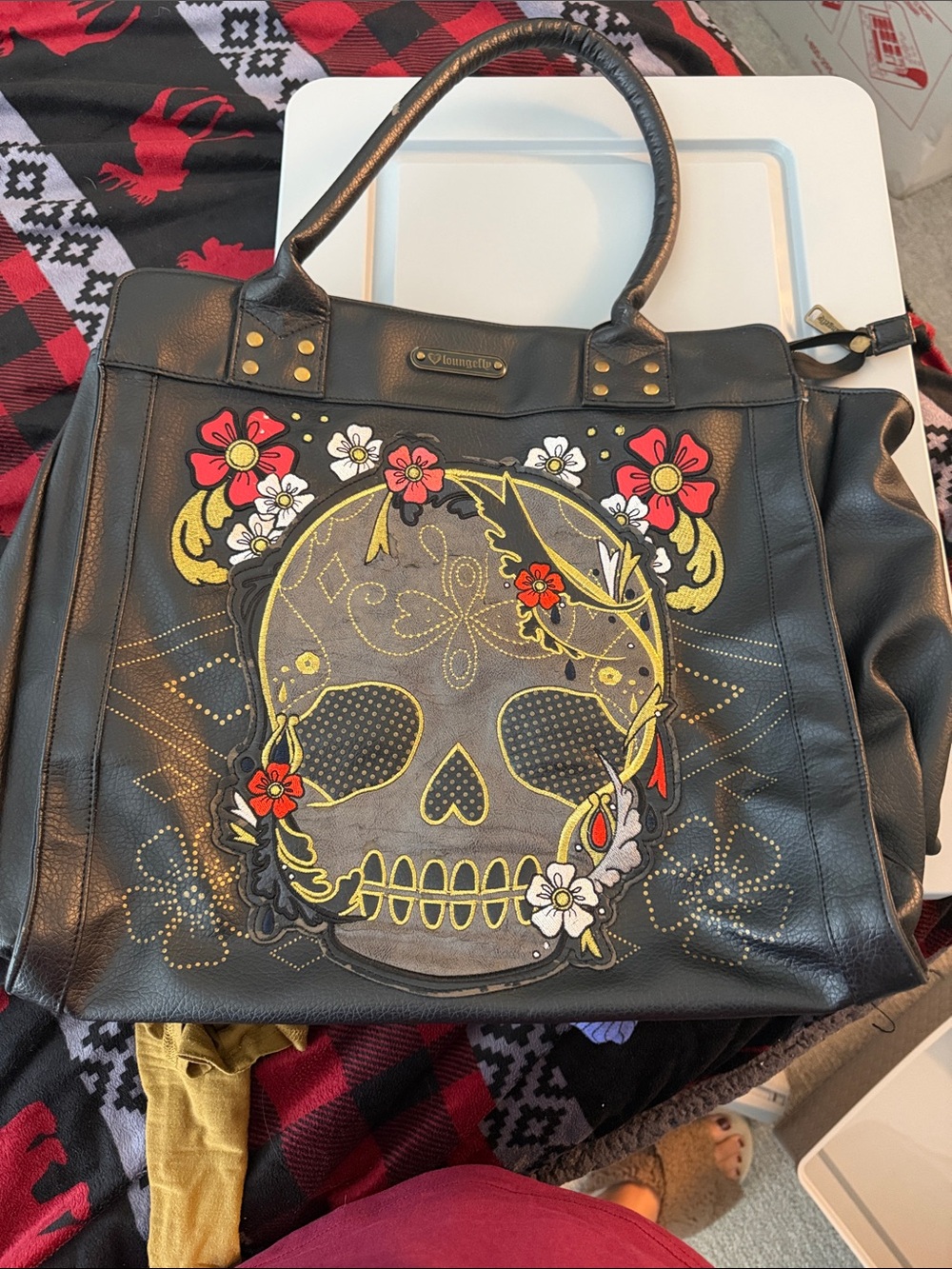 Loungefly Black Tote Bag with Embroidered Floral Skull